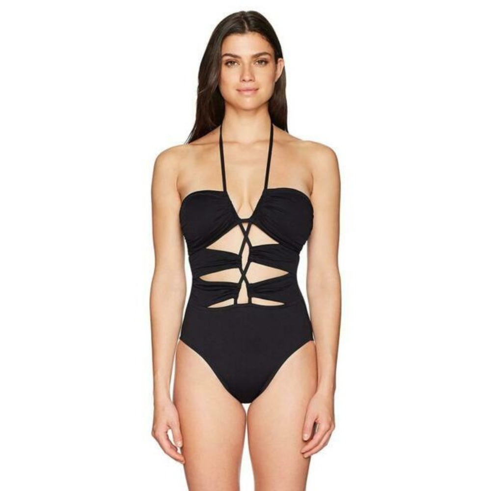 La Blanca Women Swimsuit Black Size 12‎ Island Goddess Bandeau Cut Out One Piece
